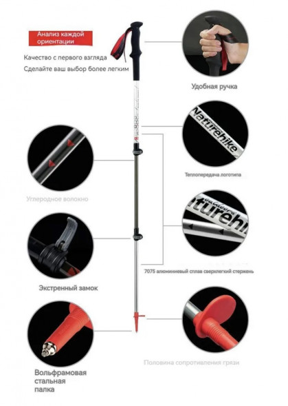 Треккинговая палка Naturehike 135 см, 1 шт., черный/красный в Нижневартовске